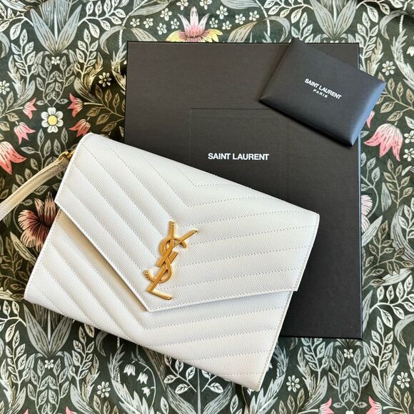 Saint Laurent YSL Cassandre Quilted Matelassé Envelope Flap Leather Clutch Pouch - Picture 2 of 15